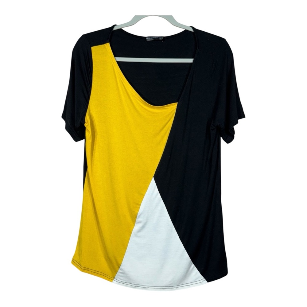 Sarin Mathews Yellow Black White Color Block Short Sleeve Top Size L